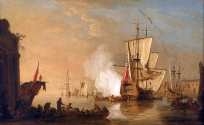 Navio de guerra britânico dispara o canhão para saudar, à chegada ao porto, cujos edifícios evocam um porto do Mar Mediterrâneo. Óleo sobre tela, cerca de 1765, de Samuel Scott (1702-1772).