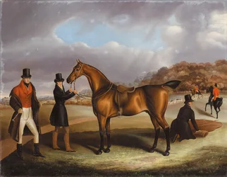 Lord George Bentinck com seu caçador e noivos favoritos, em uma paisagem com uma caçada além