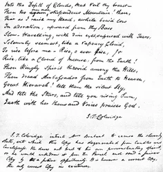 As últimas linhas do poema Coleridges Hymn Before Sunrise no Vale de Chamouny, escritas na própria caligrafía dos poetas e enviadas em uma carta a Mrs. Brabant de Devizes, 1815