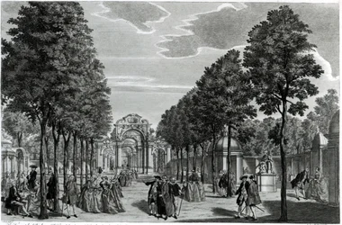 Os arcos triunfal, a estátua de Handel na Calçada Sul dos Jardins Vauxhall, gravada por John S. Muller (gravura e gravação colorida à mão)