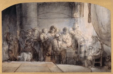 Judas recebendo as trinta moedas de prata, c.1640 (caneta e tinta sobre giz vermelho sobre lavagem em papel)