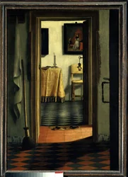 Os chinelos. Interior de uma casa na Holanda - Pintura de Samuel Hoogstraten (1626-1678), escola flamenga, século XVII, 1,03 x 0,70 m, Paris, Musée du Louvre