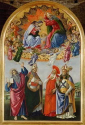 Coroação da Virgem com dezasseis anjos e os santos João Evangelista, Agostinho, Jerónimo e Elígio