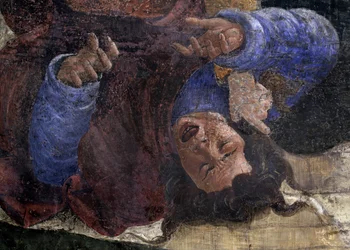 História da vida de Moisés. Detalhe: egípcio sob a espada de Moisés. Pintura de Alessandro di Mariano dei Filipepi conhecido como Sandro Botticelli (1445-1510). Fresco