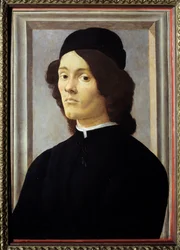 Retrato de um jovem cavalheiro de aspeto melancólico, vestido de preto. Século XV. Dimensões 0,57 x 0,39 m