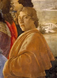 A Adoração dos Magos. Pormenor: Autorretrato de Sandro Botticelli (1445-1510), c. 1473-1475, Galeria dos Uffizi, Florença