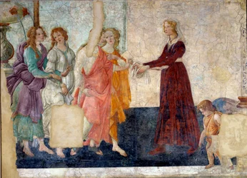 Vénus e as Graças oferecendo presentes a uma jovem rapariga. Fresco de Villa Lemmi. Pintura de Sandro Botticelli (1444-1510)