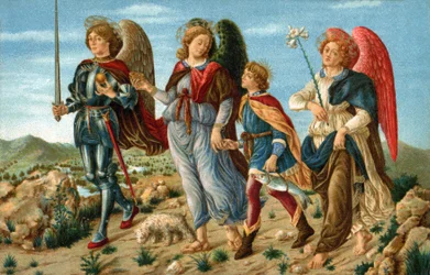 Os três arcanjos e Tobias. Os anjos Rafael, Gabriel e Miguel acompanhando o jovem Tobias. Cromolitografia realizada por volta de 1900 para um postal, segundo a pintura de Sandro Botticelli (1445-1510).