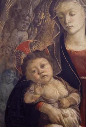 A Madona e Criança em Glória, detalhe de Criança, tempera 1468 no detalhe do painel de 85673
