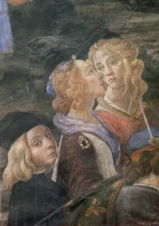 A purificação do leproso e a tentação de Cristo, na Capela Sistina: detalhe de duas mulheres e um menino no meio da multidão, 1481 afresco