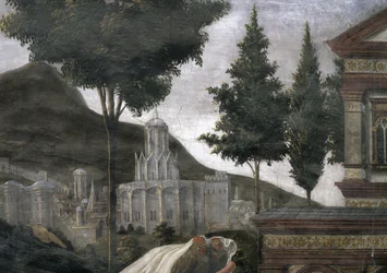 A Purificação do Leproso e a Tentação de Cristo, na Capela Sistina: detalhe de uma cidade imaginária em uma paisagem, 1481 afrescos