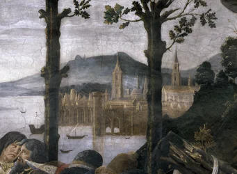 A Purificação do Leproso e a Tentação de Cristo, na Capela Sistina: detalhe de uma cidade portuária imaginária em uma paisagem, 1481 afrescos
