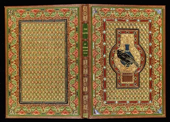 Encadernação para o livro &39;The Raven&39;, de Edgar Allan Poe (couro marroquino castanheiro levant, couro marroquino verde, vermelho e preto, dourado, madrepérola, turquesas)