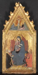 Virgem e Criança Adorada pelos Santos Maria Madalena e Nicolas de Bari, Cristo Crucificado ..., 1400s.