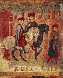 Inspetores fiscais detalhados. Pintura em madeira de Sano di Pietro (1406-1481) decorando um Biccherna (capa do registro contábil da cidade de Siena) do século XV. Siena Archivio di Stato, Itália