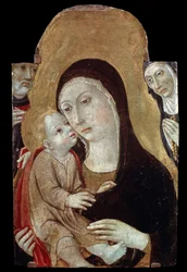A Virgem e o Menino com Santos. Pintura de Sano di Pietro (1406-1481). Têmpera sobre madeira, 43 x 27 cm. Escola de Siena, arte gótica italiana. Museu Pushkin de Belas Artes, Moscou. ©FineArtImage/Leemage