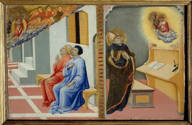 Santo Agostinho de Hipona detalhe de "Cena da vida de São Jerônimo: aparição de São Jerônimo e São João Batista a Santo Agostinho de Hipona e de São Jerônimo a Sulpice Severo e seu companheiro". Pintura em madeira de Sano di Pietro (1406-1)