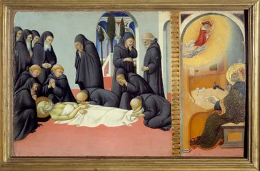 Cena da vida de São Jerônimo: "Morte de São Jerônimo e sua aparição a Santo Agostinho" Pintura sobre madeira de Sano di Pietro (1406-1481) Sol. 0,23x0,37 m
