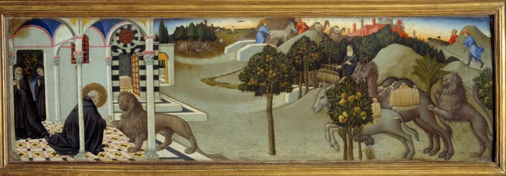 Cena da vida de São Jerônimo: "São Jerônimo tira a espinha da pata do leão; o leão persegue os ladrões que tinham derobado o burro do convento e trouxeram consigo uma caravana de camelos carregados de mercadorias" Pintura em madeira de Sano di Pietro (1