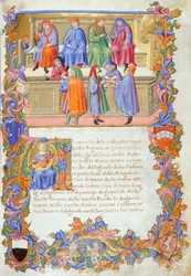 O Tribunale della Mercanzia (Tribunal da Mercadoria), miniatura dos Estatutos dos Comerciantes nº 6 de Sano di Pietro.