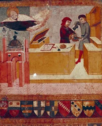 O camerlinguista lava simbolicamente as mãos enquanto a Virgem benevolente e protectora voa sobre a cidade de Siena Detail. Pintura em madeira de Sano di Pietro (1406-1481) decorando um Biccherna (capa do registro contábil da cidade de Siena) 1451.
