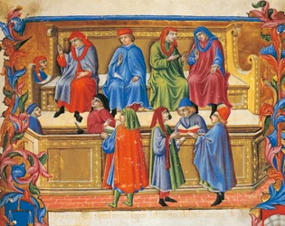 Miniatura do Tribunal de Comércio dos Estatutos dos Comerciantes por Sano di Pietro (1472), Itália Século XV.