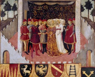 Cerimônia de casamento de um casal da nobreza da cidade de Siena Pintura de Sano di Pietro (1406-1481) decorando um Biccherna (capa do registro contábil da cidade de Siena) 1473. Siena Archivio di Stato, Itália