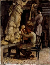 A oficina do escultor. Pintura de Sante Bertelli (1840-1892)