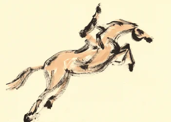 Cavaleiro num cavalo a saltar