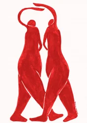 Bailarinos vermelhos abraçam-se