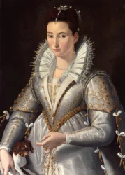 Retrato de uma dama com vestido branco bordado a ouro