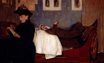 A oficina em Paris. A camada de personagem é provavelmente Miguel Utrillo (1862-1934). Pintura de Santiago Rusinol y (i) Prats (1861-1931)