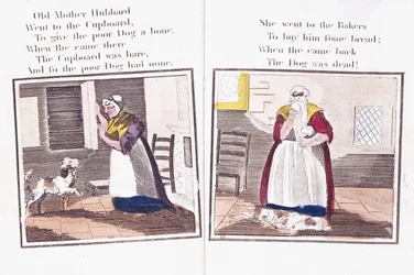 Duas páginas do livro de canções de ninar &39;As aventuras em quadrinhos da velha mãe Hubbard e seu cachorro&39;