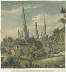 Catedral de Lichfield - Vista nordeste: pintura em aquarela, 1818