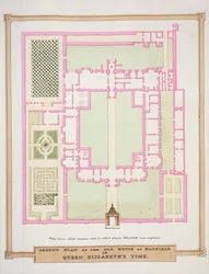 Planta da Casa Antiga em Hatfield, na época da Rainha Elizabeth, de &39;Memórias da Corte da Rainha Elizabeth&39;, publicada em 1825 (wc e guache sobre papel)