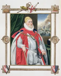 Retrato de Charles Howard (1536-1624), 2º Barão de Effingham e 1º Conde de Nottingham, de &39;Memórias do Tribunal da Rainha Elizabeth&39;, depois de um retrato de Daniel Mytens (1644-88) publicado em 1825 (