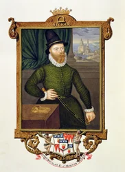 Retrato de James Douglas (c.1516-81) 4o conde de Morton &39;das memórias da corte da rainha Elizabeth&39;after o retrato attr. para Arnold van Brounkhorst (fl.1565-80), publicado em 1825 (wc e gouac
