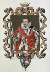 Retrato de Robert Cecil (1563-1612) 1º Conde de Salisbury, de &39;Memórias do Tribunal da Rainha Elizabeth&39;, publicado em 1825 (wc e guache sobre papel)