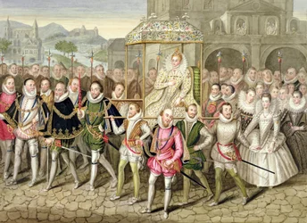A rainha Isabel I em procissão com os seus cortesãos (c. 1600), de «Memoirs of the Court of Queen Elizabeth», segundo uma pintura a óleo atribuída a Robert Peake (c. 1592-1667) no Castelo de Sherborne, publicada em 18