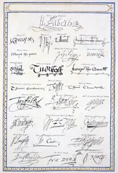 Reprodução de Assinaturas dos Tudors e seu Tribunal de &39;Memórias do Tribunal da Rainha Elizabeth&39;, publicado em 1825 (caneta e tinta no papel)