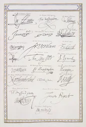 Reprodução de Assinaturas dos Tudors e seu Tribunal de &39;Memórias do Tribunal da Rainha Elizabeth&39;, publicado em 1825 (caneta e tinta no papel)
