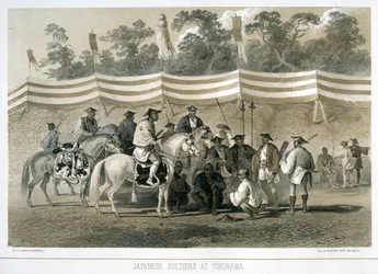 Soldados japoneses em Yukuhama, Japão, c1845