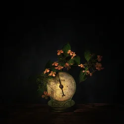 Natureza-morta escura com flores e balança