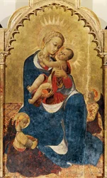 Madona e Menino, painel central do Retábulo de São Domingos de Cortona, ca. 1434, por Sassetta (ca. 1400-1450), têmpera e ouro sobre madeira, 52x132 cm