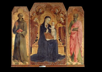 A Virgem e a criança rodeadas por seis anjos. Ao redor: Santo António de Pádua (san antonio di padova) e São João Evangelista. Altarpe de Stefano di Giovanni Sassetta (1392 - 1450)