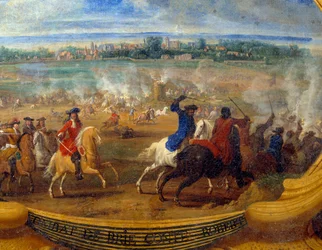 As Ações de Luís II Príncipe de Bourbon Conde (Bourbon-Conde) conhecido como Grand Conde (1621-1686), Batalha do Conde Brie Robert Detail, Pintura do Salvador Le Conte (Leconte, Le Comte, Lecomte) (1659-1694) Chantilly do século XVII, Musee Conde