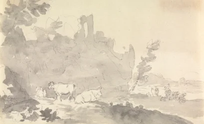 Paisagem com vacas em primeiro plano