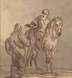 Duas pessoas: Uma de Pé, Uma Sentada a Cavalo