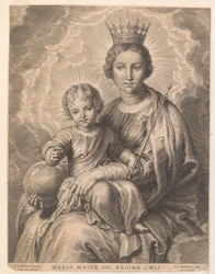 Mary com criança e globo Maria mater dei, regina caeli (título no objeto)