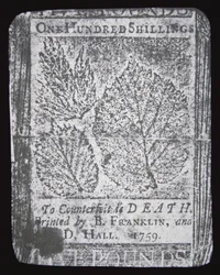 Uma nota de 100 xelins desenhada e impressa por Benjamin Franklin em 1759 (litho)